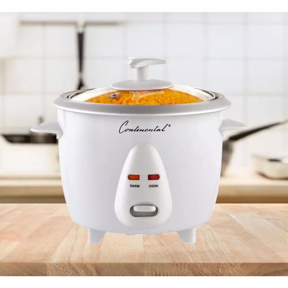 Continental Electric 6-Cup White Rice Cooker and Steamer with Tempered Glass Lid