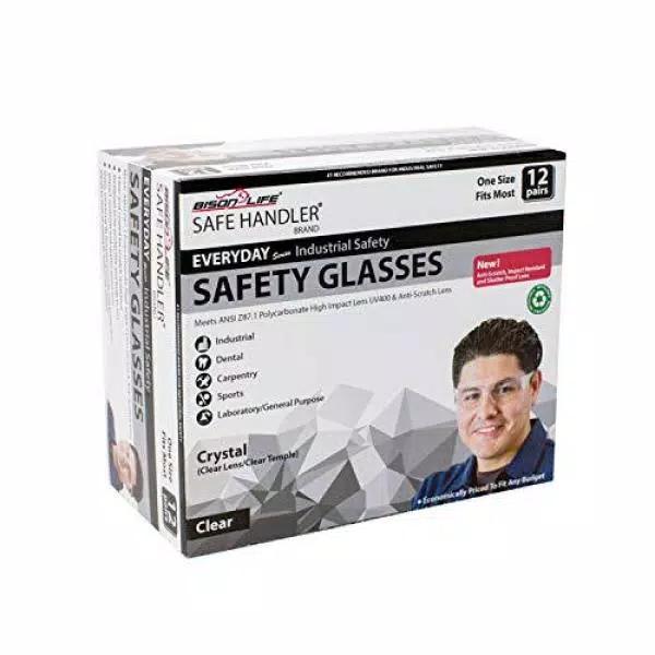 Bison Life Clear Lens Safety Glasses, Polycarbonate Scratch-Resistant Eyewear (Pack of 12)