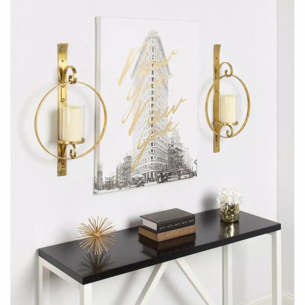 Kate and Laurel Doria Gold Metal Candle Sconce - Glamorous Round Wall Decor with Glass Pillar