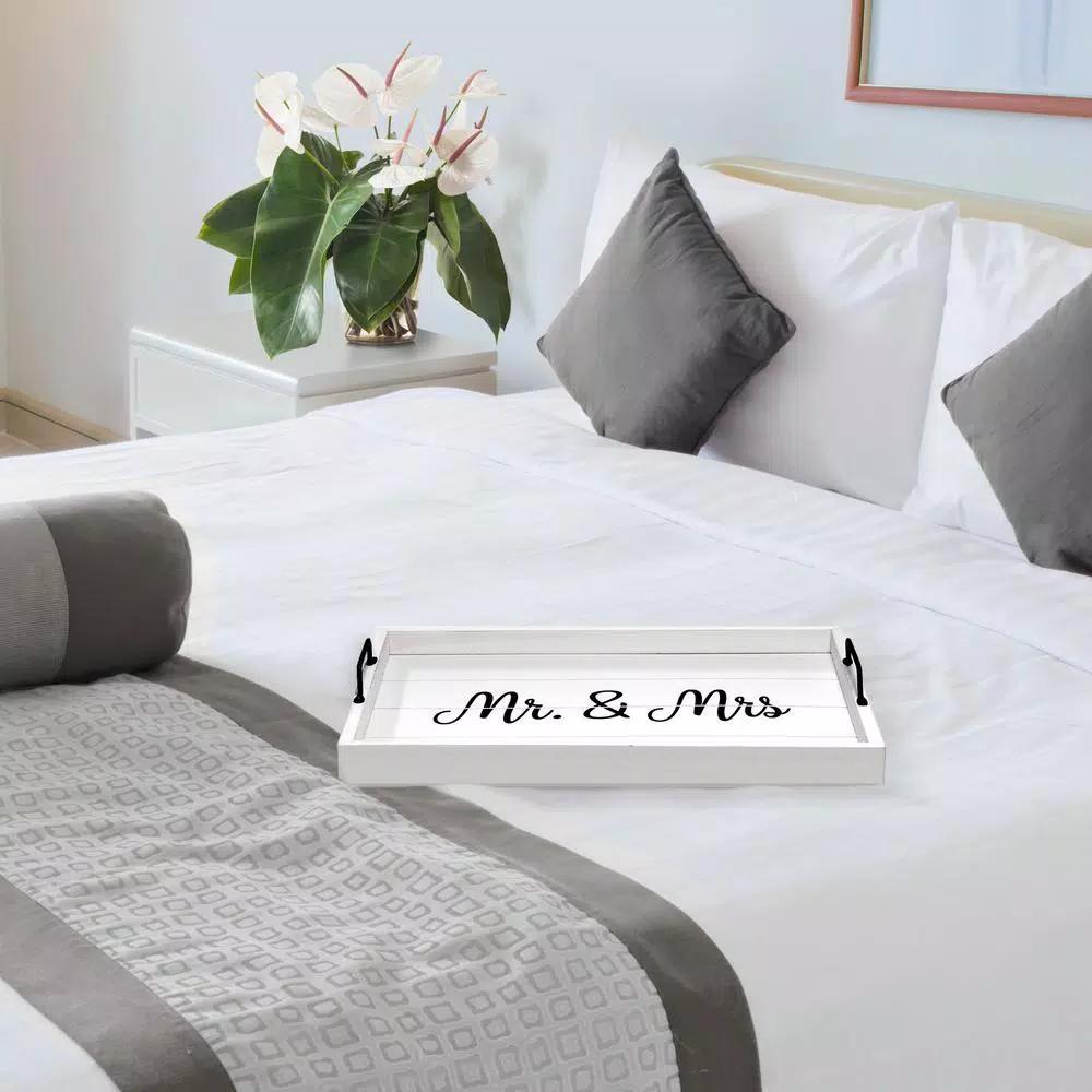 Elegant Designs White Wash Wooden Decorative Serving Tray with Black Metal Handles - Mr. and Mrs. Farmhouse Style