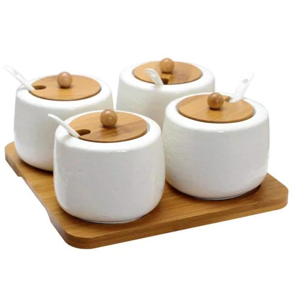 Elama Ceramic Condiment Jar Set with Bamboo Lids, Serving Spoons & Tray - 13 Piece White Set