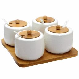 Elama Ceramic Condiment Jar Set with Bamboo Lids, Serving Spoons & Tray - 13 Piece White Set thumbnail 1