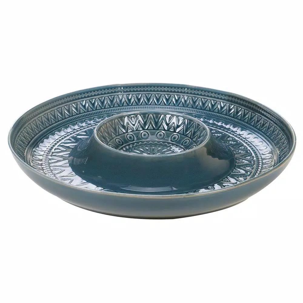 Certified International Aztec 13.5 in. Teal Chip and Dip Bowl
