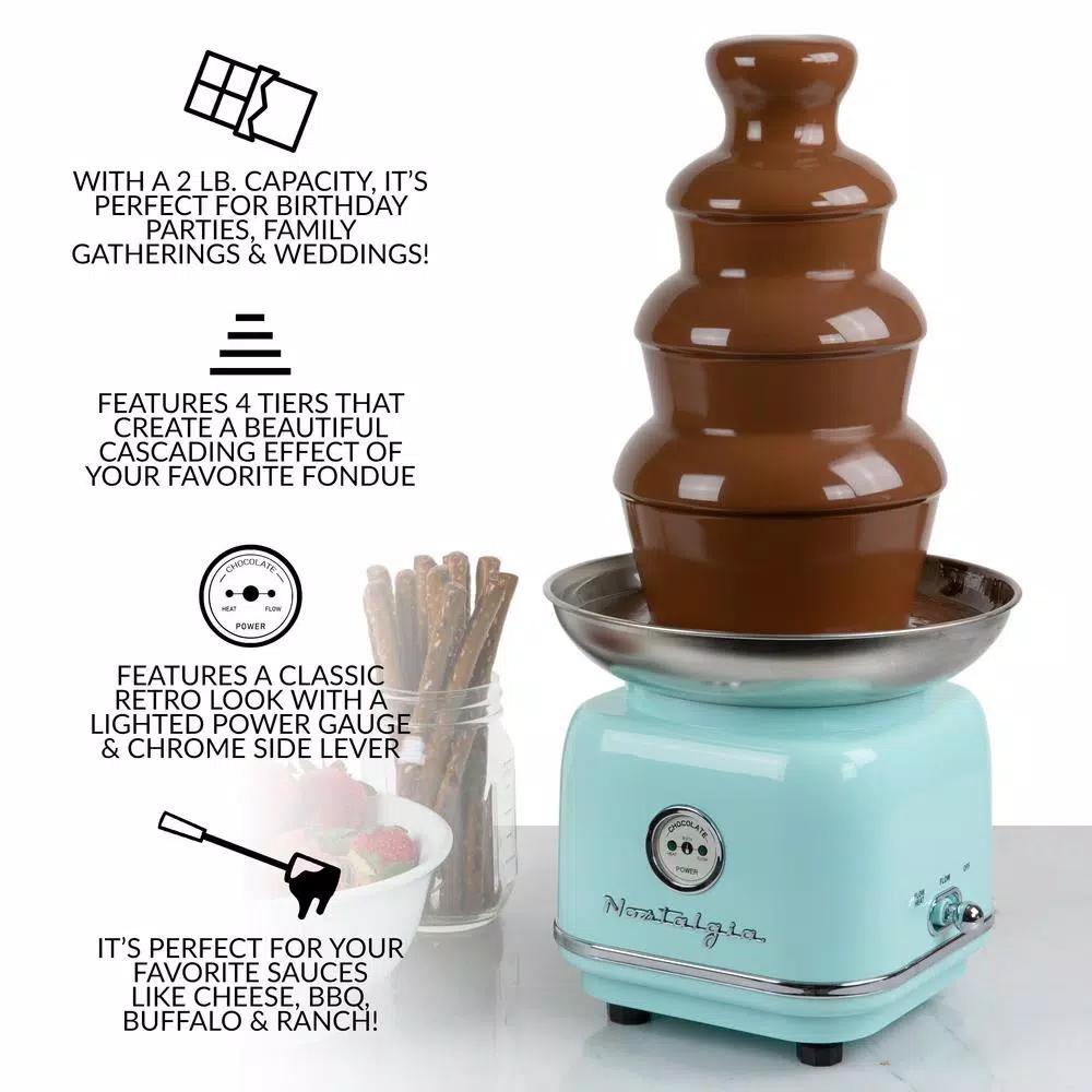 Nostalgia 4-Tier Aqua Chocolate Fountain with LED Power Gauge and Heated Stainless Steel Bowl