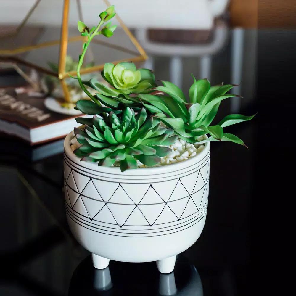 Flora Bunda 6 in. White and Black Geometric Ceramic Footed Planter with Faux Succulent Mix
