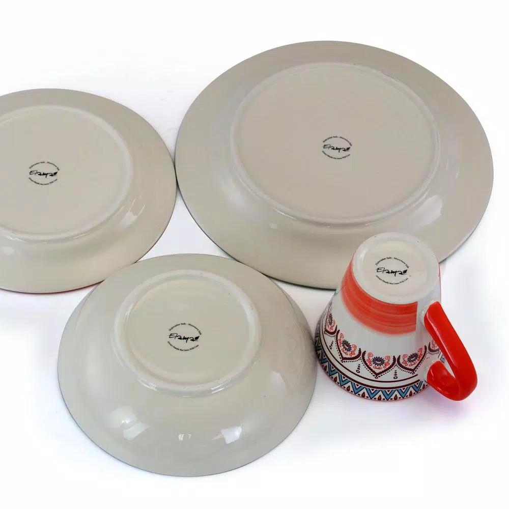 Elama Zen Rust Mozaik 16-Piece Stoneware Dinnerware Set, Service for 4, Orange Bohemian Style