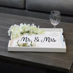 Elegant Designs White Wash Wooden Decorative Serving Tray with Black Metal Handles - Mr. and Mrs. Farmhouse Style thumbnail 6