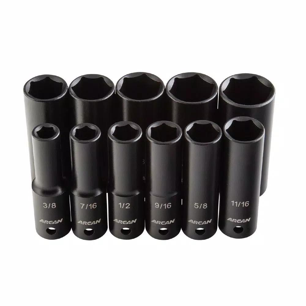 Arcan AS21211SD 1/2 in. Drive Deep SAE Impact Socket Set, 11-Piece