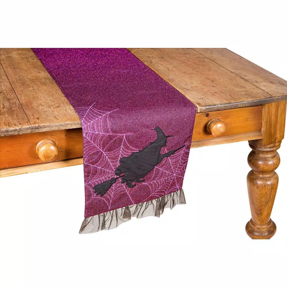 Xia Home Fashions Witching Hour Halloween Witch Silhouette Table Runner with Glitter Ruffle and Pom-Pom Trim