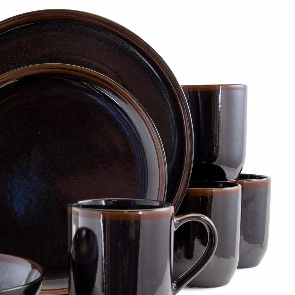 Elama Midnight Beach 16-Piece Metallic Black Stoneware Dinnerware Set, Service for 4