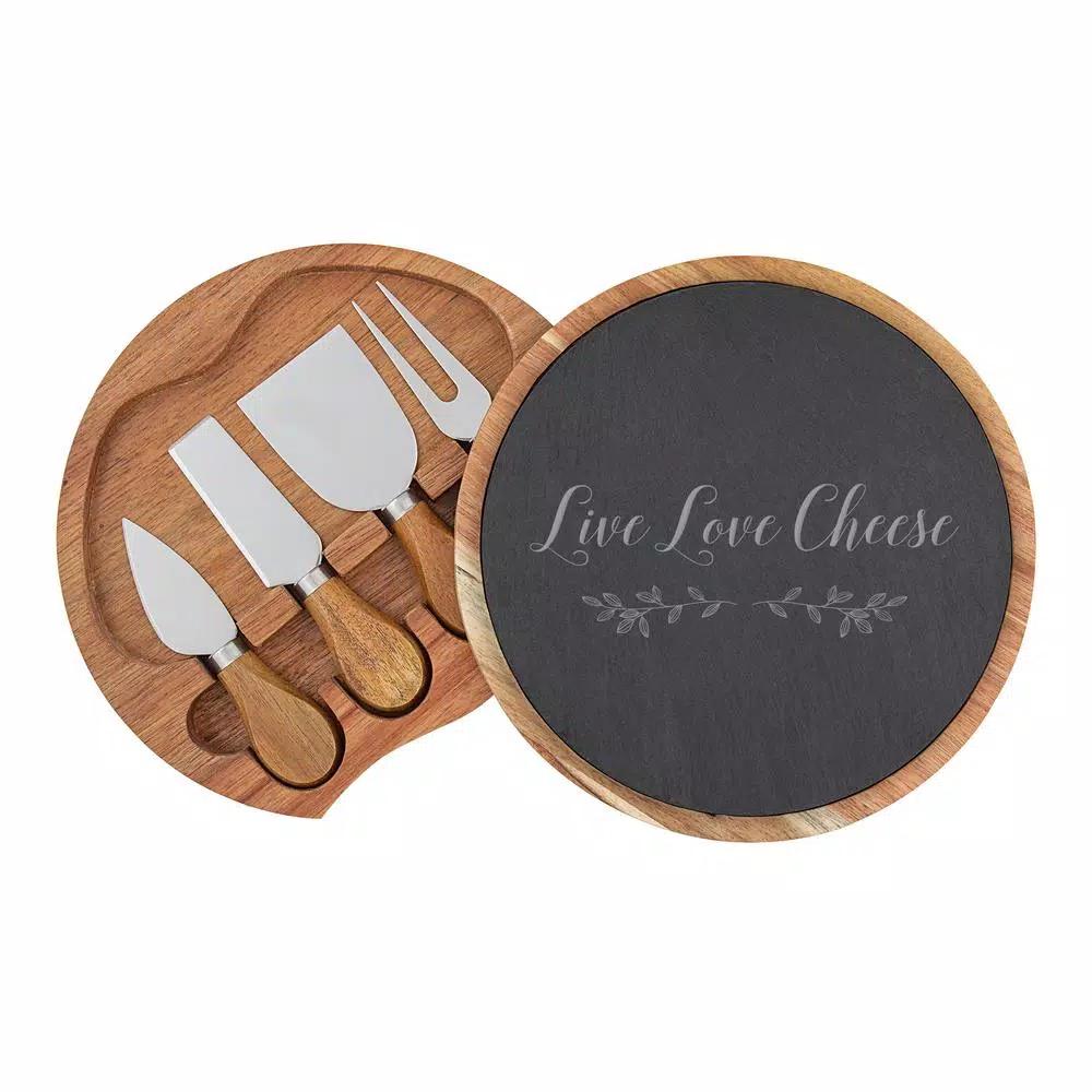 Cathy's Concepts Live Love Cheese 5-Piece Acacia Wood and Natural Slate Cheese Board Set with Utensils
