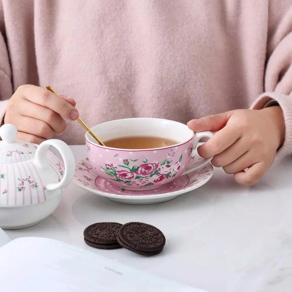 MALACASA Elegant Porcelain Tea Set for One - 3 Piece Teapot, Teacup and Saucer Set, White with Pattern