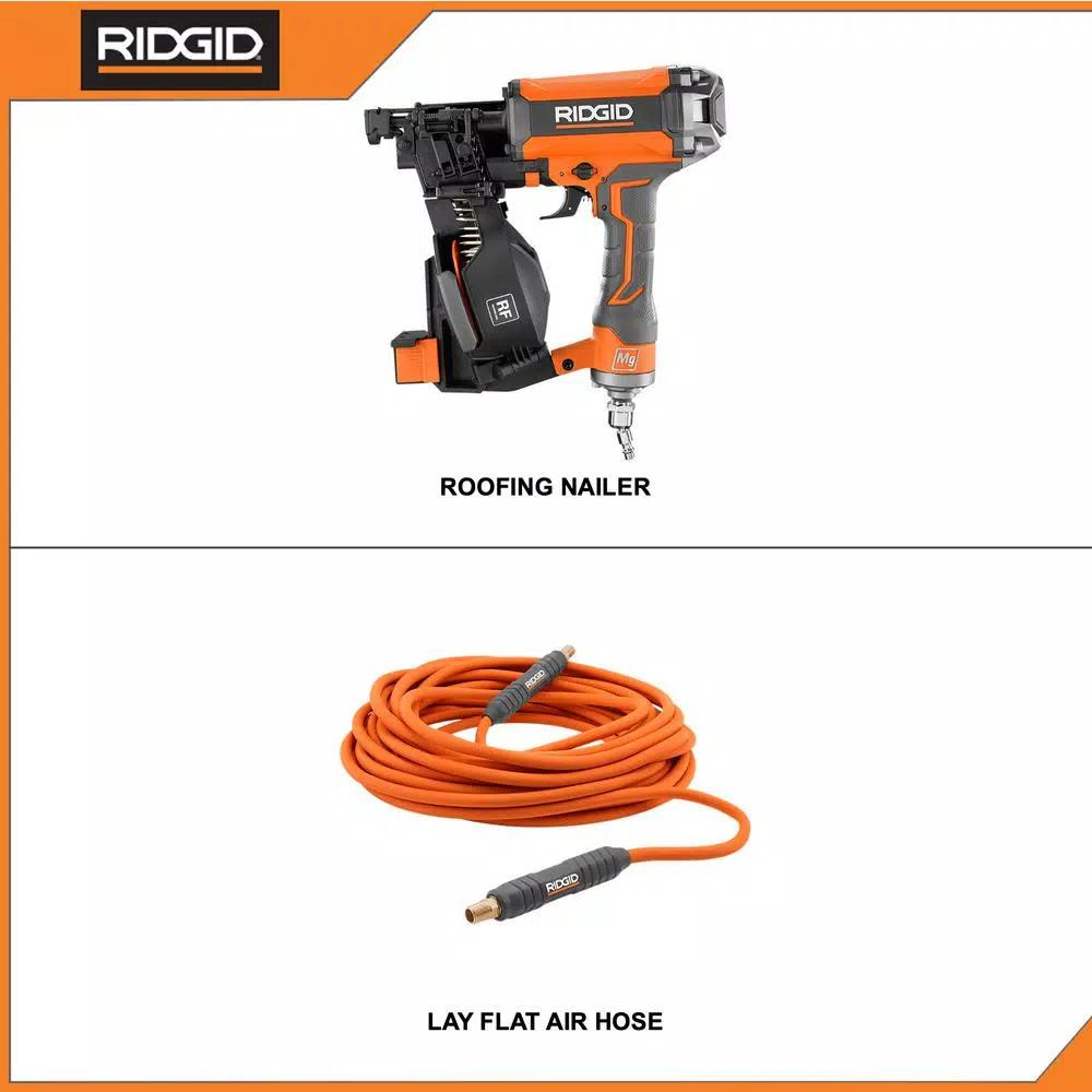 RIDGID 15-Degree 1-3/4 in. Coil Roofing Nailer with 50 ft. Lay Flat Air Hose Kit