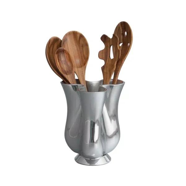 Nambe Tulip Alloy Spinning Tool Jug with Natural Wood Utensils Set