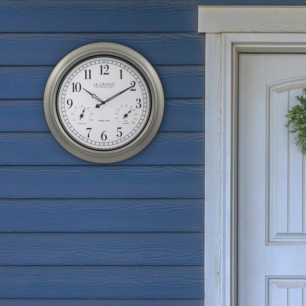 La Crosse Technology 18-Inch Atomic Analog Wall Clock with Thermometer & Hygrometer, Pewter