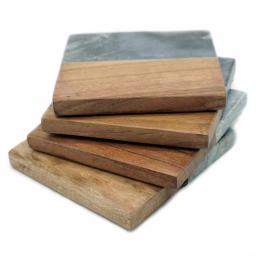 Unbranded Jodhpuri 4-Piece Ocean Gray Marble and Acacia Wood Coaster Set thumbnail 2