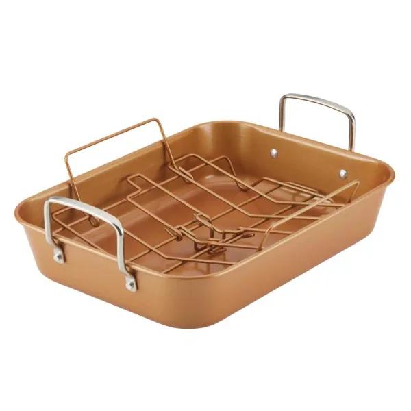 Ayesha Curry Ayesha Bakeware Nonstick Roasting Pan with Convertible Rack, 11 x 15-Inch, Copper