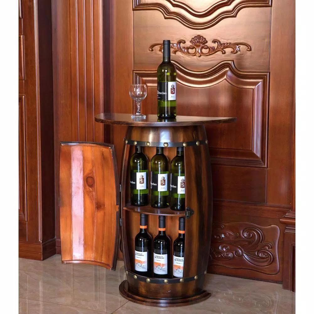 Vintiquewise Rustic Wooden Barrel Shaped Wine Bar Cabinet with Lockable Latch and 10-Bottle Storage