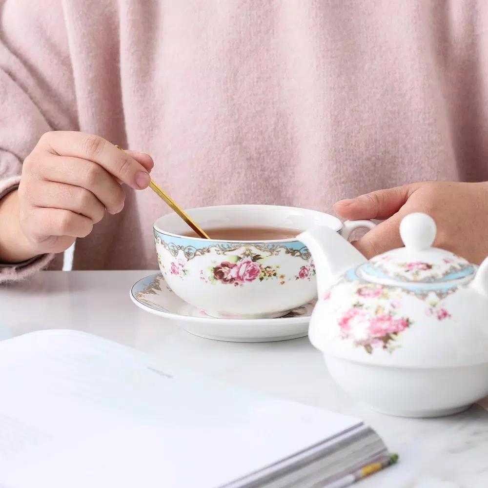 MALACASA Elegant Porcelain Tea Set for One - 3 Piece Teapot, Teacup and Saucer Set, White with Pattern