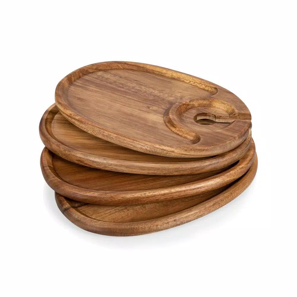Picnic Time Acacia Wood Wine & Appetizer Plates with Glass Notch - Set of 4