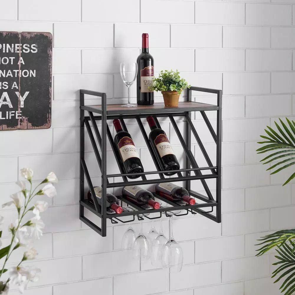 DANYA B 12-Bottle Black Wood Wall Mount Wine Rack with Stemware Organizer and Top Shelf