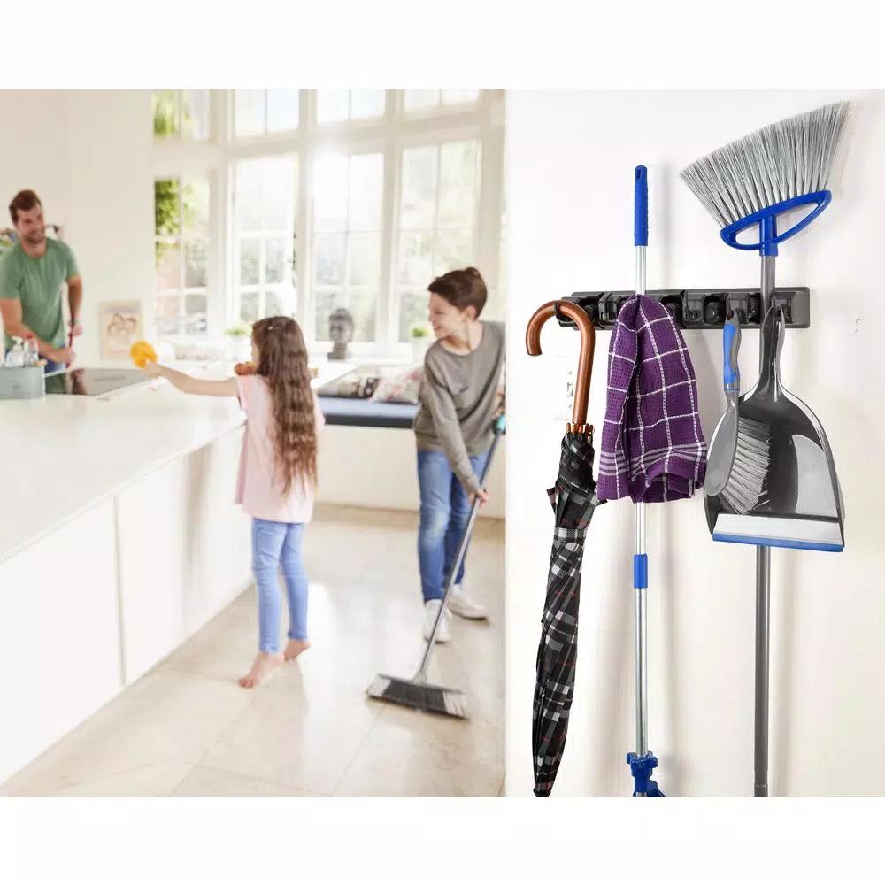 Alpine Industries 16 in. Wall Mounted Mop and Broom Holder with 5 Slots and 6 Retractable Hooks