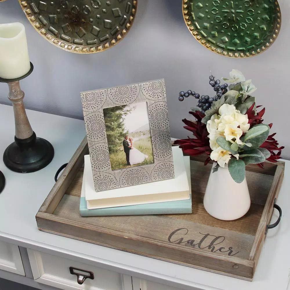 Stratton Home Decor "Gather" Wood Tray - Distressed Farmhouse Style with Metal Handles