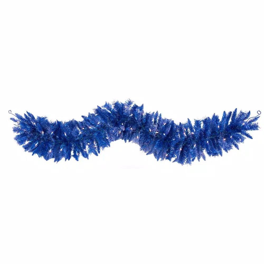 Nearly Natural 6 ft. Blue Flocked Artificial Christmas Garland with 50 Warm White LED Lights