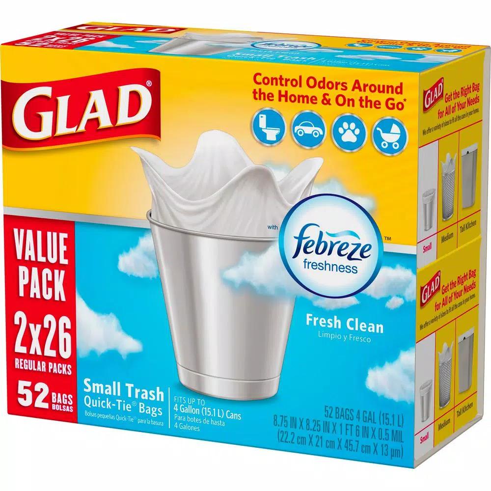 Glad OdorShield Small Trash Bags, 4 Gal, Fresh Clean Scent, Quick-Tie, 26-Count (2-Pack)