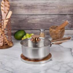 Creative Home 7" Round Fiberboard Trivet and Serving Board with Acacia Finish and Stainless Steel Trim thumbnail 5