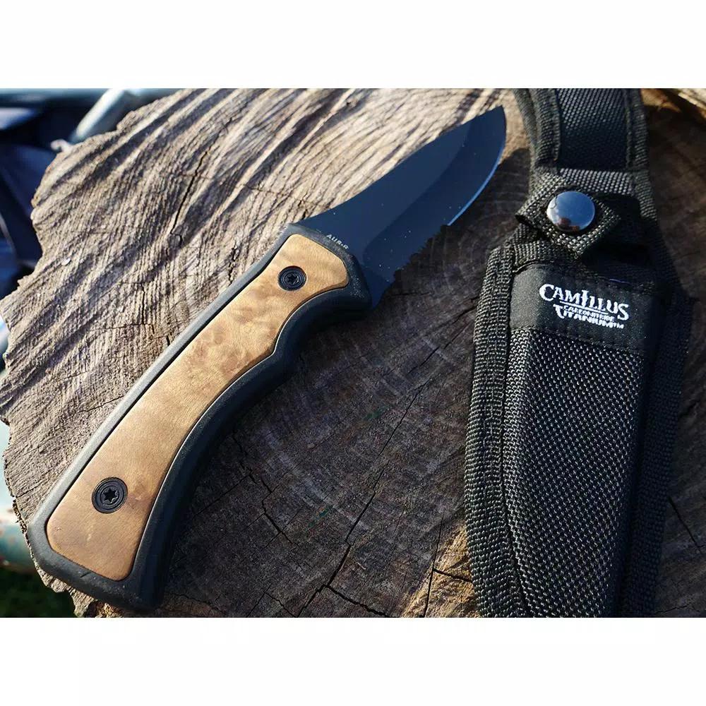 Camillus Mountaineer 4 in. Carbonitride Titanium Drop Point Fixed Blade Knife with Burlwood Accent Handle