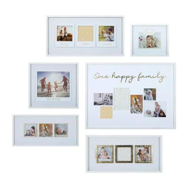 Pinnacle One Happy Family White and Gold Gallery Wall Photo Frame Set, 6 Piece Wood Frame Kit