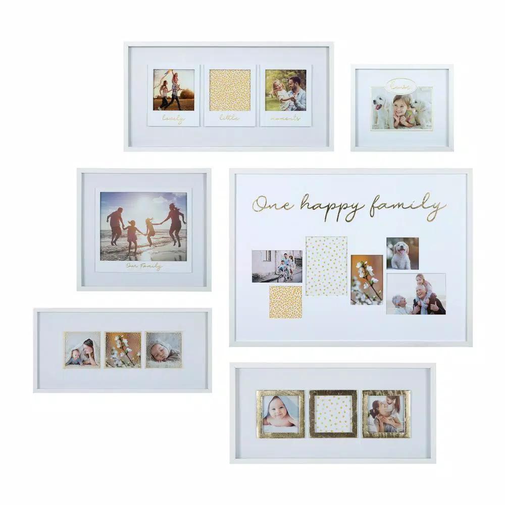 Pinnacle One Happy Family White and Gold Gallery Wall Photo Frame Set, 6 Piece Wood Frame Kit