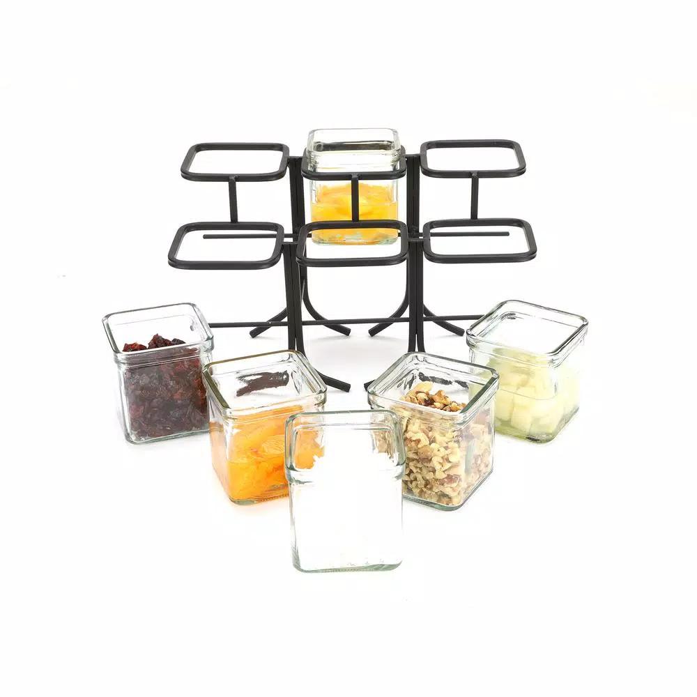Mind Reader 6-Compartment Black Metal Condiment Server with 6 Removable 8 oz Glass Jars