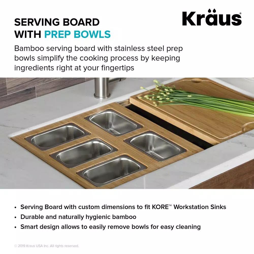 KRAUS Workstation Kitchen Sink Accessory Set with Bamboo Serving Board and 5 Stainless Steel Prep Bowls
