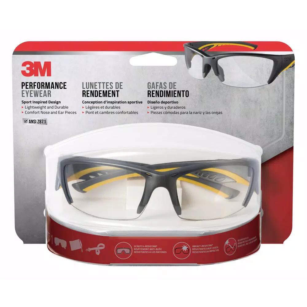 3M Performance Eyewear Safety Glasses, Gray/Yellow Frame, Clear Anti-Fog & Scratch Resistant Lenses (4-Pack)