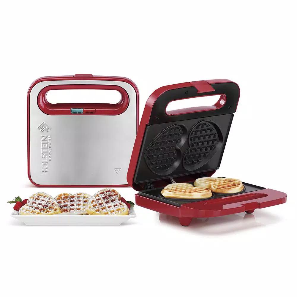 HOLSTEIN HOUSEWARES 750W Red and Stainless Steel Heart Shaped Waffle Maker