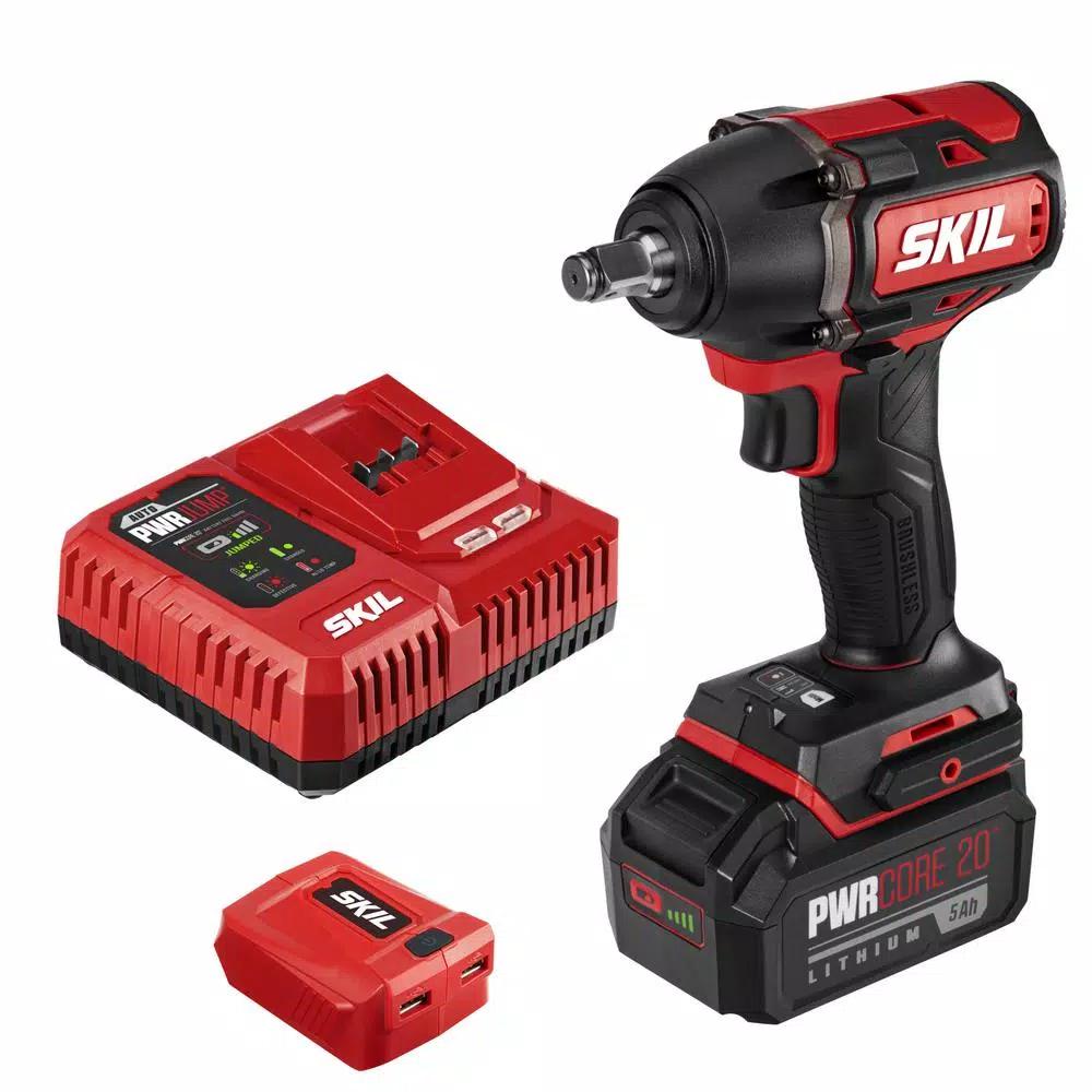 Skil PWRCore 20V Brushless 1/2 in. Cordless Impact Wrench Kit with 5.0 Ah Battery and PWRJump Charger