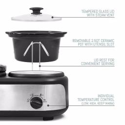 Elite Platinum 7.5 Qt. Triple Slow Cooker Buffet with 3 Stoneware Crocks and Lid Rests, Black Stainless Steel thumbnail 2