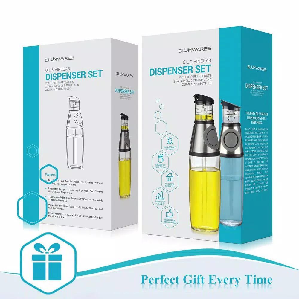 Belwares Blmwares Oil and Vinegar Dispenser Set, 2-Pack Glass Bottles with Drip-Free Spouts and Measuring Pump