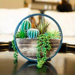 Flora Bunda 11 in. Round Wood and Metal Faux Succulent Wall Hanging Planter thumbnail 3