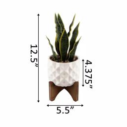 Flora Bunda 12.5 in. Faux Snake Plant in White Dimple Pattern Ceramic Pot with Wood Stand thumbnail 2