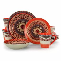 Elama Zen Rust Mozaik 16-Piece Stoneware Dinnerware Set, Service for 4, Orange Bohemian Style thumbnail 1