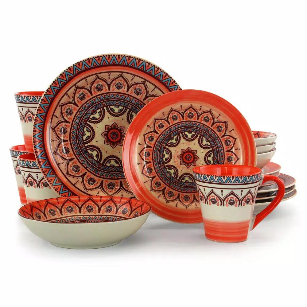 Elama Zen Rust Mozaik 16-Piece Stoneware Dinnerware Set, Service for 4, Orange Bohemian Style