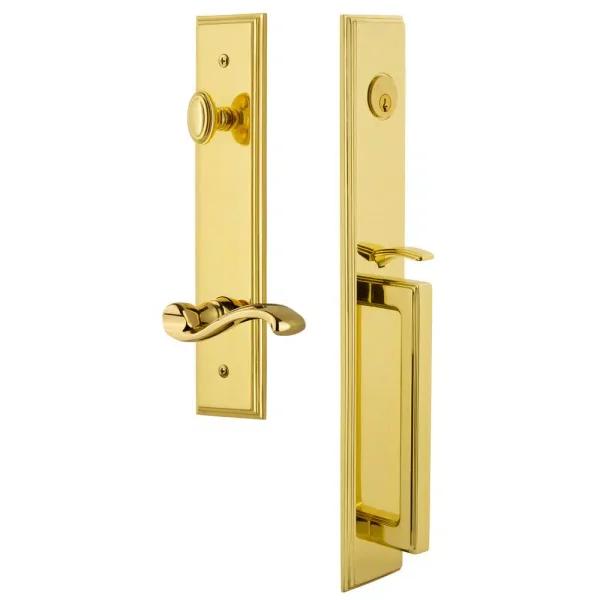 Grandeur Carre Lifetime Brass 1-Piece Door Handleset with D Grip and Portofino Lever