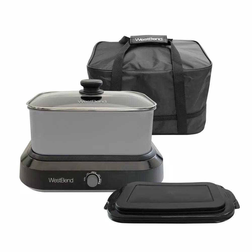West Bend 5 Qt. Silver Non-Stick Versatility Slow Cooker with Griddle Base, Travel Lid and Thermal Tote