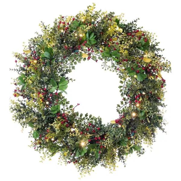 Village Lighting Company 30 in. Pre-Lit LED Boxwood and Berry Christmas Wreath with Remote and Timer