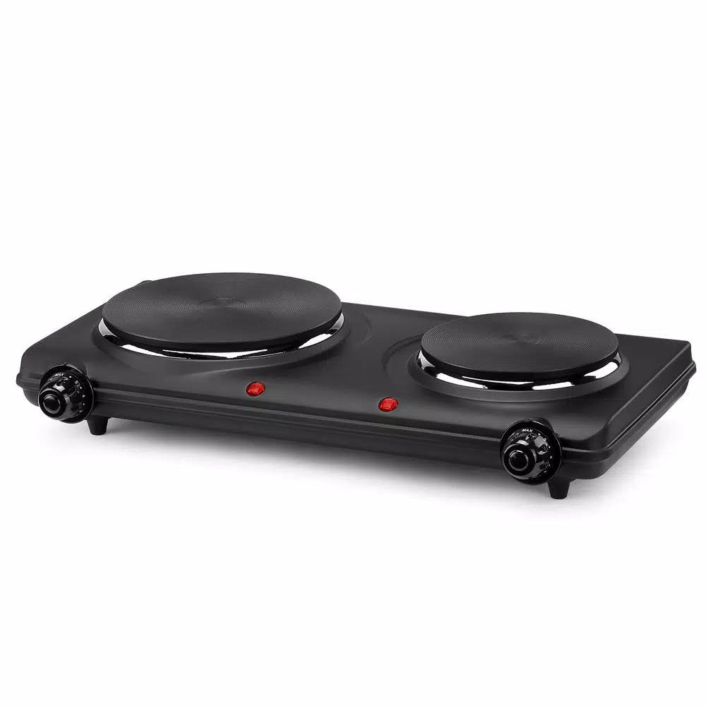 Continental Electric Portable 2-Burner Black Hot Plate with Cast Iron Plates and Adjustable Temperature Controls