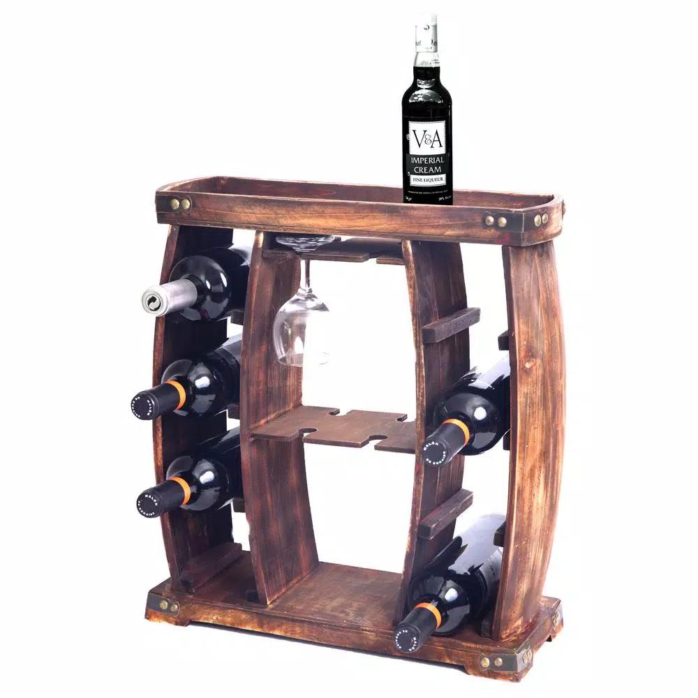 Vintiquewise Rustic Wooden 8-Bottle Wine Rack with Integrated Glass Holder
