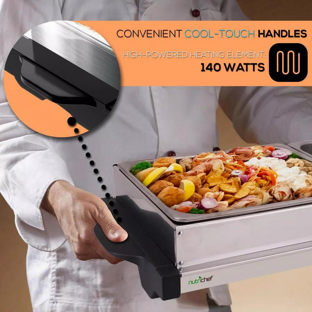 NutriChef 21.9 in. Stainless Steel Dual Plate Electric Food Warming Tray Buffet Server